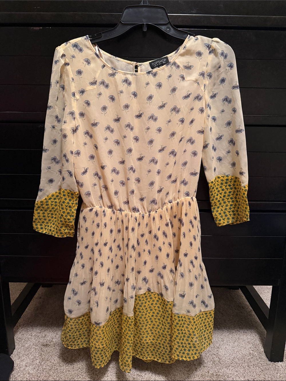Topshop Cream Dress with Blue Floral Print and Mustard Trim